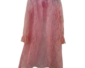 Vintage 60s Floral Lace Peignoir Robe Sheer Ruffle Coquette Lingerie M Pink