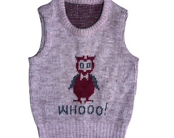 True Vintage 1970s Wool Owl Knit Vest Novelty Graphic S Pink Purple Red Animal