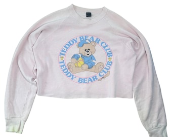 80er Jahre Pastell Teddy Bear Club Sweatshirt Cropped Raglan Vintage XL Rosa Niedlich