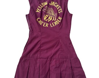 Vintage 1960s Yellow Jackets Cheerleader Uniform Dress Maroon Gold Large pleated