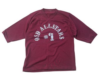 Maglietta True Vintage Allstars in jersey, cuciture singole, anni '70, taglia L, colore bordeaux.