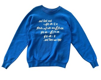 VTG 80s Screen Stars God Said Let There Be Light Physics Sweatshirt L Blue USA