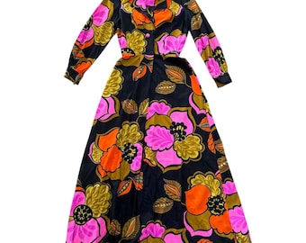 Alice Polynesian Fashions Maxi Dress Vintage 60s 70s Hawaiian Floral 11 Black