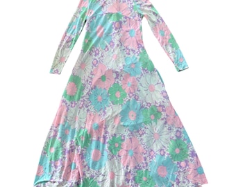 Vintage 70s Maxi Dress Psychedelic Floral Print S Pink Purple long sleeve empire