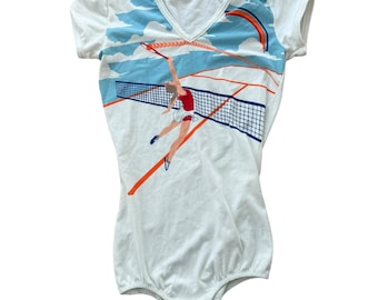 Vintage 70s Tennis Bodysuit Rainbow Graphic V Neck Retro Leotard XS White