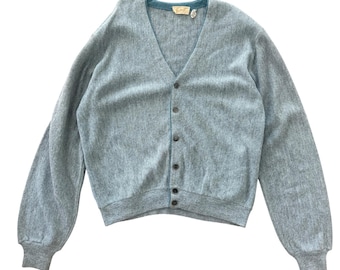 Vintage 60s Orlon Acrylic Cardigan Sweater V Neck XL Blue Gray Slouchy Kurt