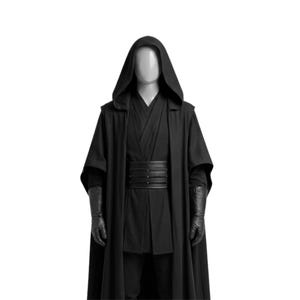 May include: A black hooded cloak worn over a layered tunic with a wide, multi-banded black belt featuring silver studs. The outfit includes long black gloves and is displayed on a mannequin, creating a full-length ensemble with a dark aesthetic.