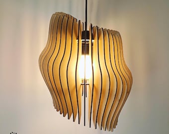Asymmetrical designer light fixture in openwork wood, adjustable suspension made of wooden slats, indoor ceiling light for elegant lighting
