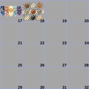a grid of squares with numbers in them, and there are various colorful and patterned images displayed within the grid.