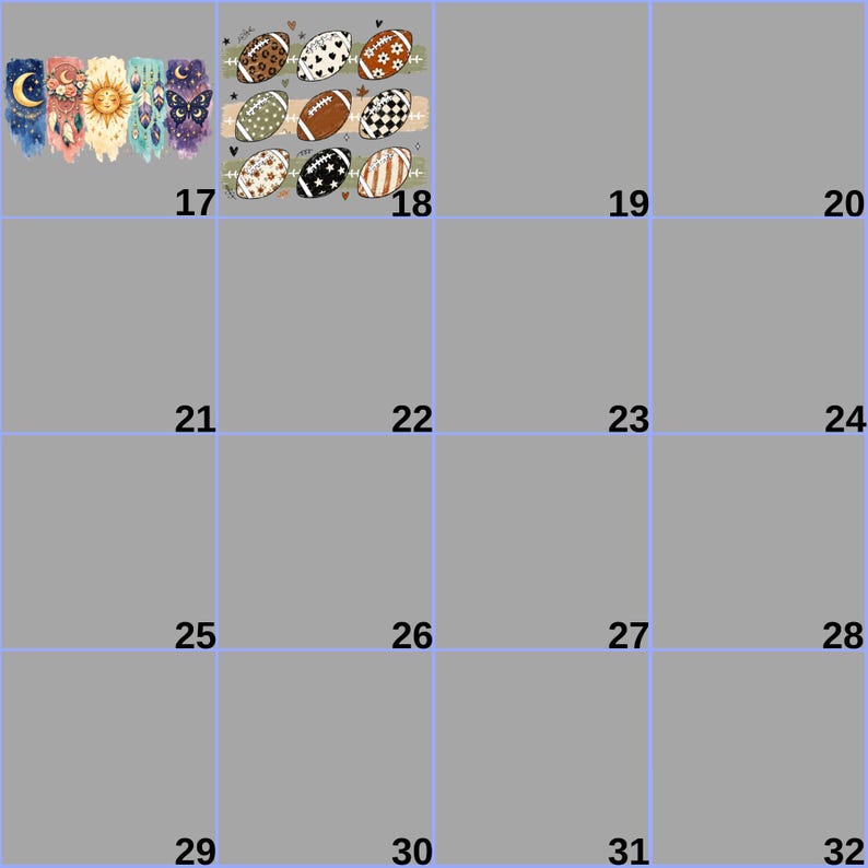 a grid of squares with numbers in them, and there are various colorful and patterned images displayed within the grid.