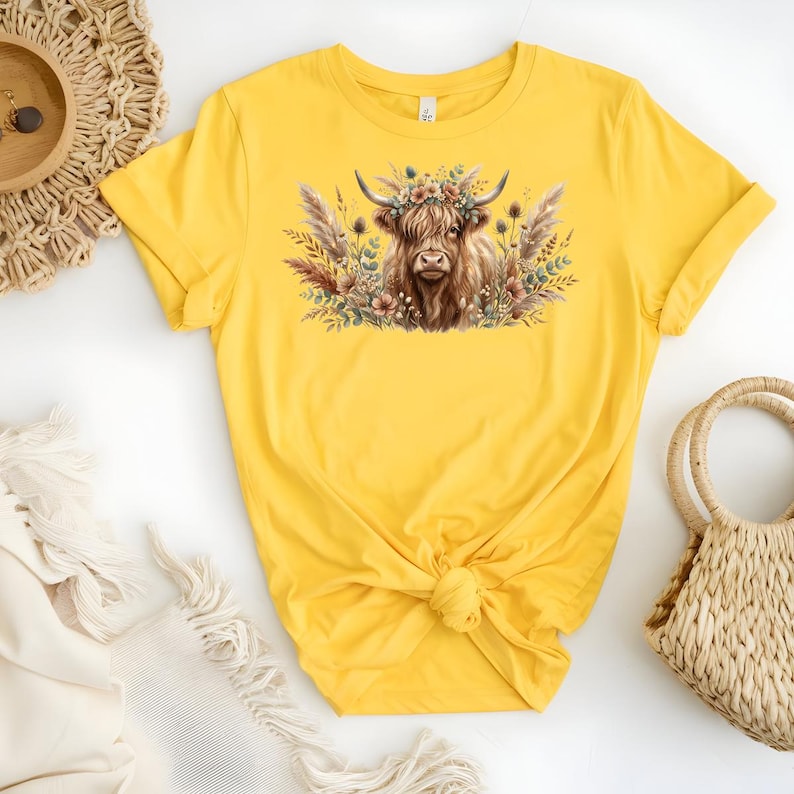 Boho Highland Cow DTF Transfer, Floral Highland Cow Heat Transfer, Ready To Press DTF, Western Farm Animal Print, Rustic Flower Design image 9