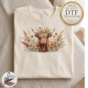 Boho Highland Cow DTF Transfer, Floral Highland Cow Heat Transfer, Ready To Press DTF, Western Farm Animal Print, Rustic Flower Design image 1