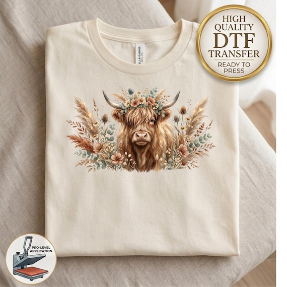 Boho Highland Cow DTF Transfer, Floral Highland Cow Heat Transfer, Ready To Press DTF, Western Farm Animal Print, Rustic Flower Design