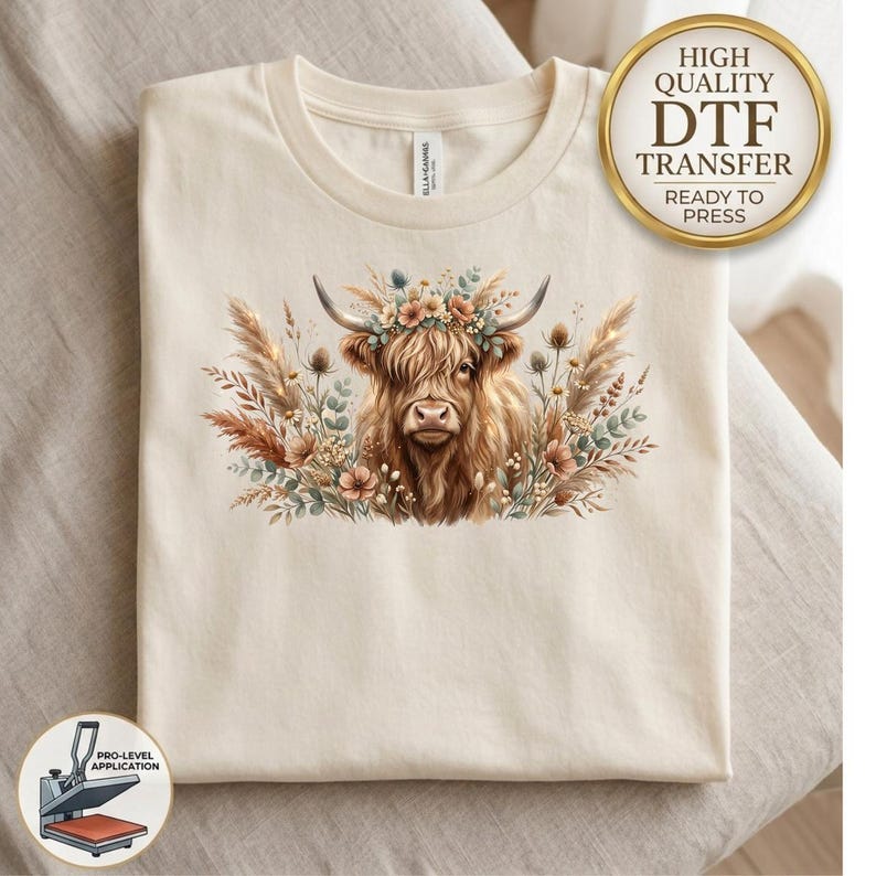 Boho Highland Cow DTF Transfer, Floral Highland Cow Heat Transfer, Ready To Press DTF, Western Farm Animal Print, Rustic Flower Design image 1