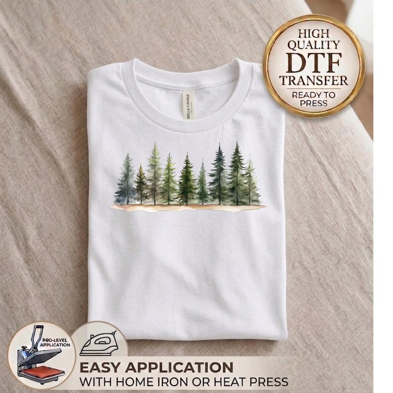 Watercolor Pine Tree Forest DTF Transfer, Nature Landscape Heat Transfer, Evergreen Tree Ready to Press, Woodland Scene DIY Apparel image 3