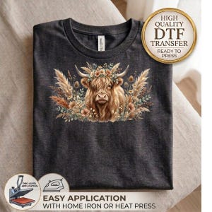 Boho Highland Cow DTF Transfer, Floral Highland Cow Heat Transfer, Ready To Press DTF, Western Farm Animal Print, Rustic Flower Design image 10