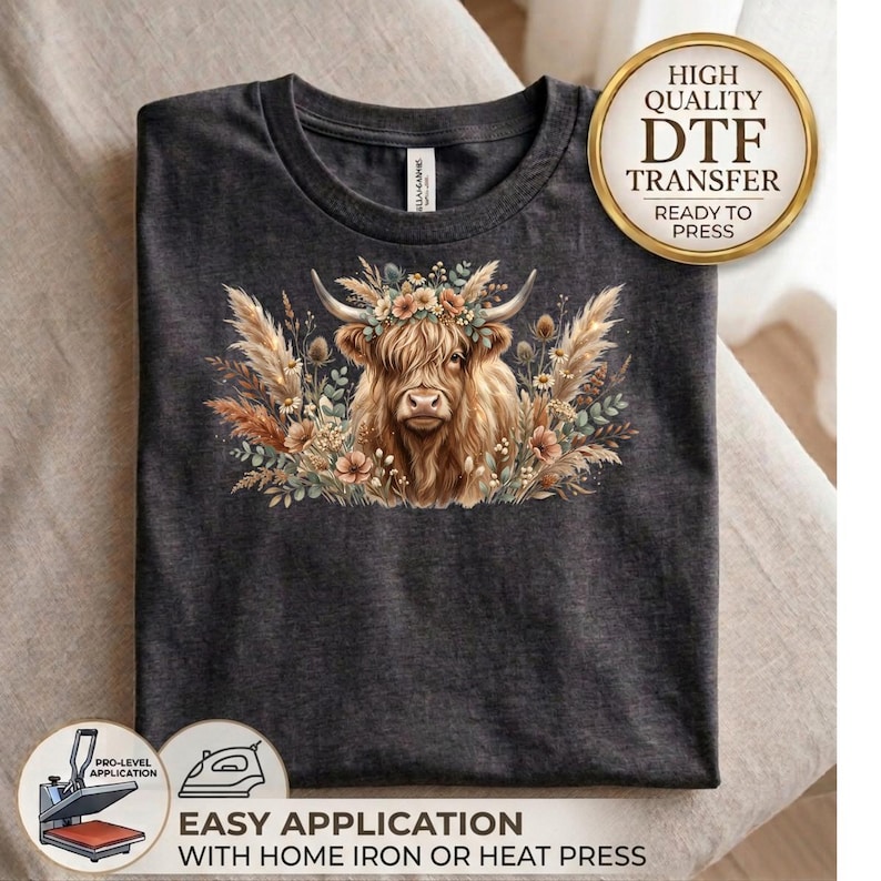 Boho Highland Cow DTF Transfer, Floral Highland Cow Heat Transfer, Ready To Press DTF, Western Farm Animal Print, Rustic Flower Design image 10
