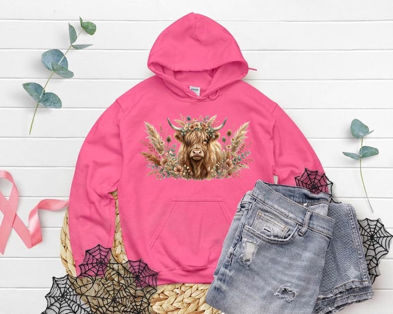 Boho Highland Cow DTF Transfer, Floral Highland Cow Heat Transfer, Ready To Press DTF, Western Farm Animal Print, Rustic Flower Design image 6