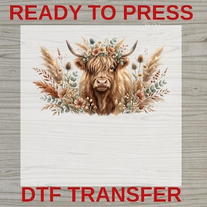 Boho Highland Cow DTF Transfer, Floral Highland Cow Heat Transfer, Ready To Press DTF, Western Farm Animal Print, Rustic Flower Design image 13