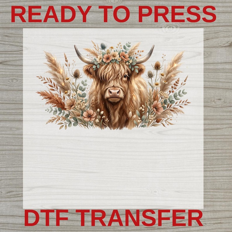 Boho Highland Cow DTF Transfer, Floral Highland Cow Heat Transfer, Ready To Press DTF, Western Farm Animal Print, Rustic Flower Design image 13