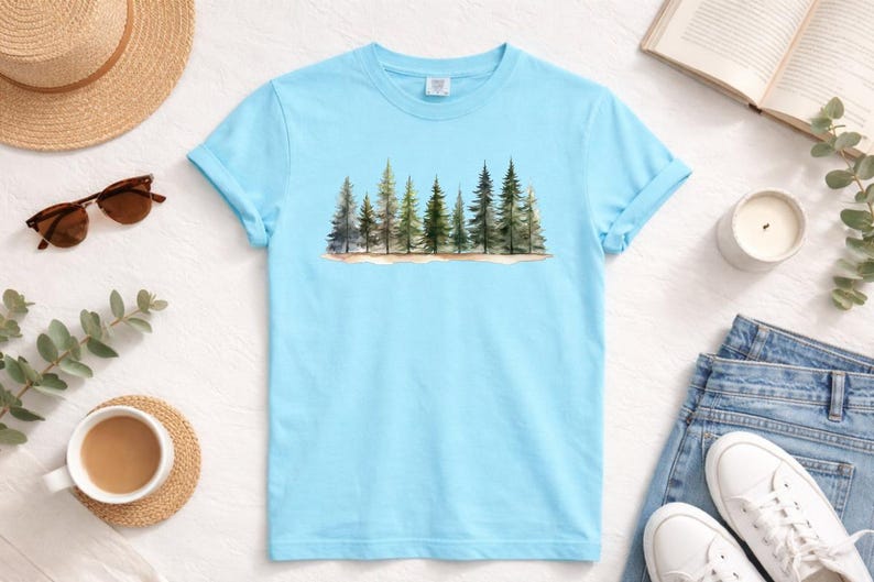 Watercolor Pine Tree Forest DTF Transfer, Nature Landscape Heat Transfer, Evergreen Tree Ready to Press, Woodland Scene DIY Apparel image 4