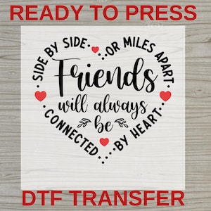 May include: A black graphic design featuring the text Side by side or miles apart, Friends will always be connected by heart, arranged in a heart shape with small red hearts and decorative leaf accents on a white background with wood grain texture.
