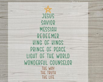 May include: A DTF transfer design with the text "READY TO PRESS" at the top and "DTF TRANSFER" at the bottom. The design features a Christmas tree shape made of religious titles such as "Jesus", "Savior", and "Messiah".