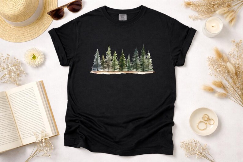 Watercolor Pine Tree Forest DTF Transfer, Nature Landscape Heat Transfer, Evergreen Tree Ready to Press, Woodland Scene DIY Apparel image 6