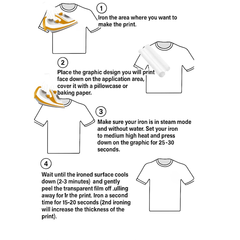 The image is a step-by-step guide on how to iron a graphic design onto a T-shirt. It shows the process of placing the design on the application area, covering it with a pillowcase or baking paper, setting the iron to medium high heat, pressing down on the graphic for 25-30 seconds, and waiting until the ironed surface cools down.