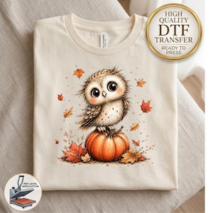 May include: A cream-colored t-shirt featuring a graphic of a fluffy brown owl perched on an orange pumpkin, surrounded by scattered autumn leaves. A gold circular badge in the corner reads HIGH QUALITY DTF TRANSFER READY TO PRESS.