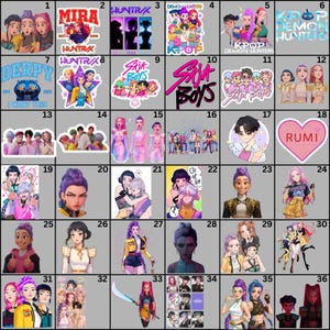 May include: A collection of stickers featuring various illustrations and graphics. The designs include anime-style characters, K-pop group depictions, and text elements such as "MIRA", "HUNTRAX", "Six Boys", and "RUMI". The color palette is diverse, with vibrant hues.