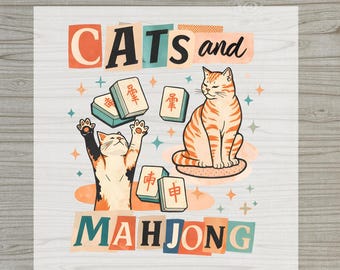 Cats and Mahjong DTF Transfer, Cute Feline Game Lover Heat Press Iron On, Ready to Press Full Color Heat Transfer, Pet Owner Crafter Gift