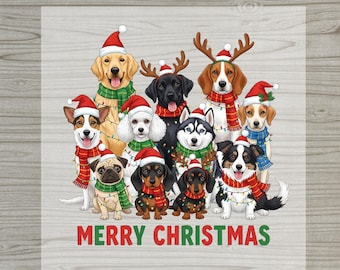 May include: A DTF transfer featuring a group of dogs dressed for Christmas. The dogs wear Santa hats, scarves, and some have antlers and Christmas lights. The words "READY TO PRESS", "MERRY CHRISTMAS", and "DTF TRANSFER" are in red.