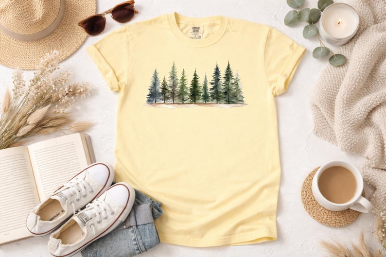Watercolor Pine Tree Forest DTF Transfer, Nature Landscape Heat Transfer, Evergreen Tree Ready to Press, Woodland Scene DIY Apparel image 5