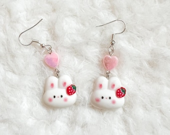 Boucles d'oreilles kawaii, Boucles d'oreilles lapin, Boucles d'oreilles lapin, Rose, Kawaii, Lapin, Lapin, Boucles d'oreilles