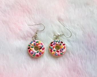 Pink Sprinkle Donut Earrings, Handmade, Kawaii, Doughnut, Alternative, Polymer Clay, Food Jewelry