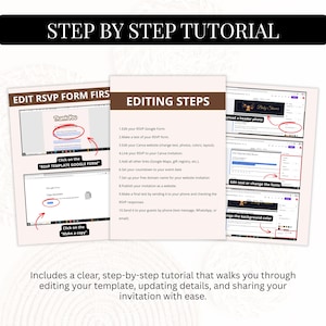 K&ouml;nnte beinhalten: Eine Schritt-f&uuml;r-Schritt-Anleitung mit drei Bereichen, die Screenshots und Textanweisungen zum Bearbeiten eines RSVP-Formulars und einer Canva-Website enthalten. Der Text umfasst &Uuml;berschriften wie STEP BY STEP TUTORIAL und EDITING STEPS.