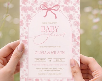 Bewerkbare roze bloemen Toile-babyshoweruitnodiging | Vintage strikcanvasjabloon (digitale download)