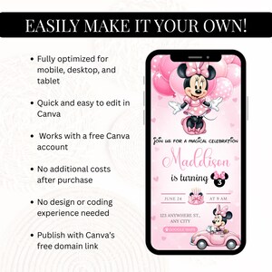 K&ouml;nnte beinhalten: Eine digitale Geburtstagseinladungsvorlage auf einem Smartphone-Bildschirm mit einem rosa Thema, Minnie Mouse, Luftballons, einem Kuchen und einem Auto. Der Text lautet: JOIN US FOR A MAGICAL CELEBRATION, Maddison is turning 3, JUNE 24 AT 9 AM.