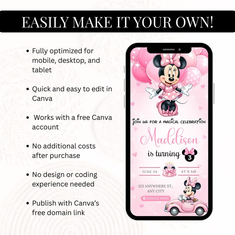 K&ouml;nnte beinhalten: Eine digitale Geburtstagseinladungsvorlage auf einem Smartphone-Bildschirm mit einem rosa Thema, Minnie Mouse, Luftballons, einem Kuchen und einem Auto. Der Text lautet: JOIN US FOR A MAGICAL CELEBRATION, Maddison is turning 3, JUNE 24 AT 9 AM.