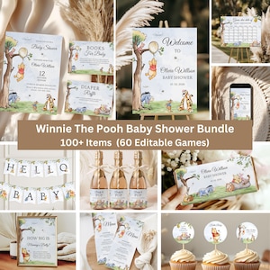May include: A collection of Winnie the Pooh-themed baby shower decorations and party supplies. Includes invitations, welcome signs, banners, cupcake toppers, and champagne bottles. The items feature illustrations of Pooh, Piglet, and Tigger.