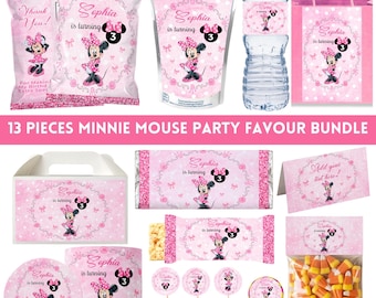 Editable Minnie Mouse Party Favors Bundle| 13 Pieces Minnie Mouse Birthday Bundle| Minnie Mouse Party Templates| Canva Templates
