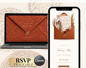 Sito web modificabile per la conferma di partecipazione al matrimonio "Save the Date" color arancio bruciato / Invito di nozze color terracotta / Modello Canva