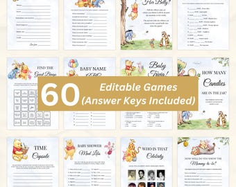 Pacchetto di giochi modificabili a tema Winnie the Pooh per baby shower / 60 giochi modificabili / Canva