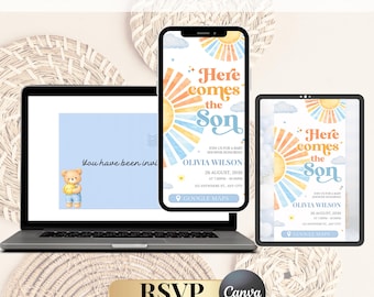 Invito interattivo modificabile per il sito web "Arriva il figlio" / Invito per baby shower a tema sole / Modello RSVP per baby shower per figlio / Canva