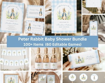Editable Peter Rabbit Baby Shower Bundle| Blue Bunny Baby Shower Bundle| Blue Gingham Rabbit Baby Shower| A Little Bunny On The Way| Canva