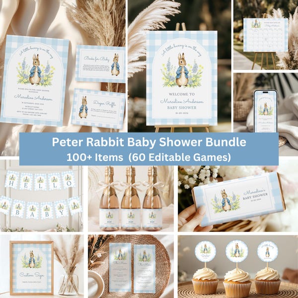 Editable Peter Rabbit Baby Shower Bundle| Blue Bunny Baby Shower Bundle| Blue Gingham Rabbit Baby Shower| A Little Bunny On The Way| Canva