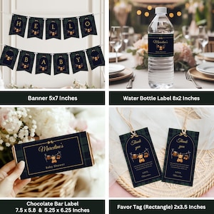May include: A collection of baby shower decorations featuring a banner, water bottle label, chocolate bar label, and favor tags. The banner spells "HELLO BABY" with plaid accents. The labels and tags have a matching design with teddy bears and the name "Marceline's".