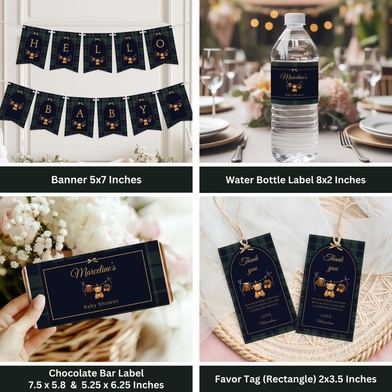 May include: A collection of baby shower decorations featuring a banner, water bottle label, chocolate bar label, and favor tags. The banner spells "HELLO BABY" with plaid accents. The labels and tags have a matching design with teddy bears and the name "Marceline's".