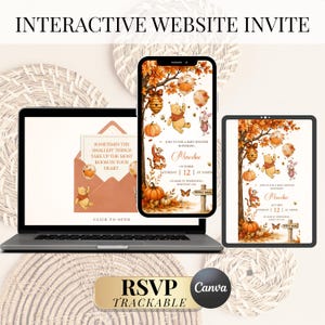 Pode incluir: Um convite digital interativo para chá de bebê exibido em um laptop, smartphone e tablet. O design apresenta personagens do Ursinho Pooh, folhas de outono e abóboras. O texto inclui "Sometimes the smallest things take up the most room in your heart" e detalhes do evento para Marceline em 12 de outubro.
